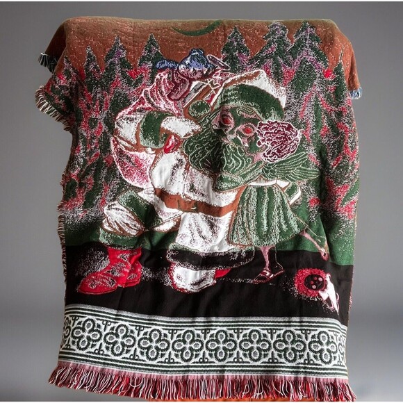 Vintage Christmas Night Santa Angel Tapestry Throw Blanket 60x50 Folk - Picture 3 of 3